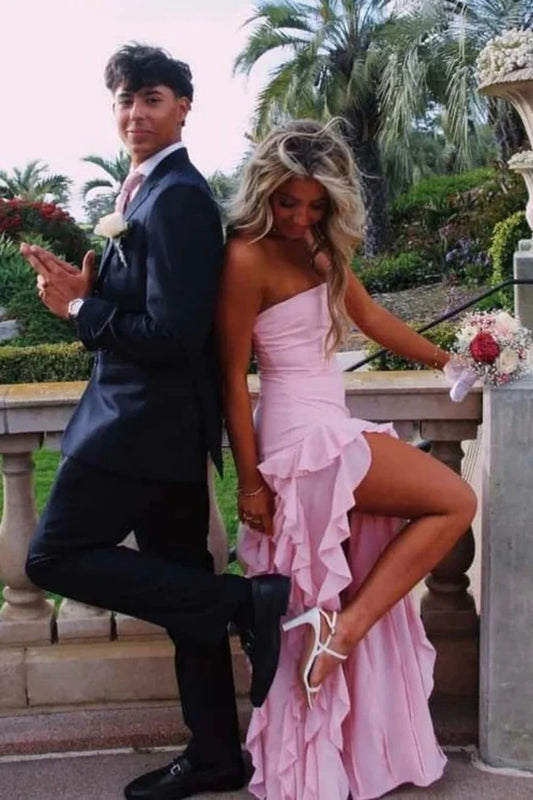 Elegant Light Pink Strapless Sheath Prom Dress With Cascading Ruffles AD360