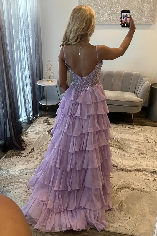 Lilac Appliqué Lace Corset Bodice Ruffle A-Line Prom Dress With High Slit AD361