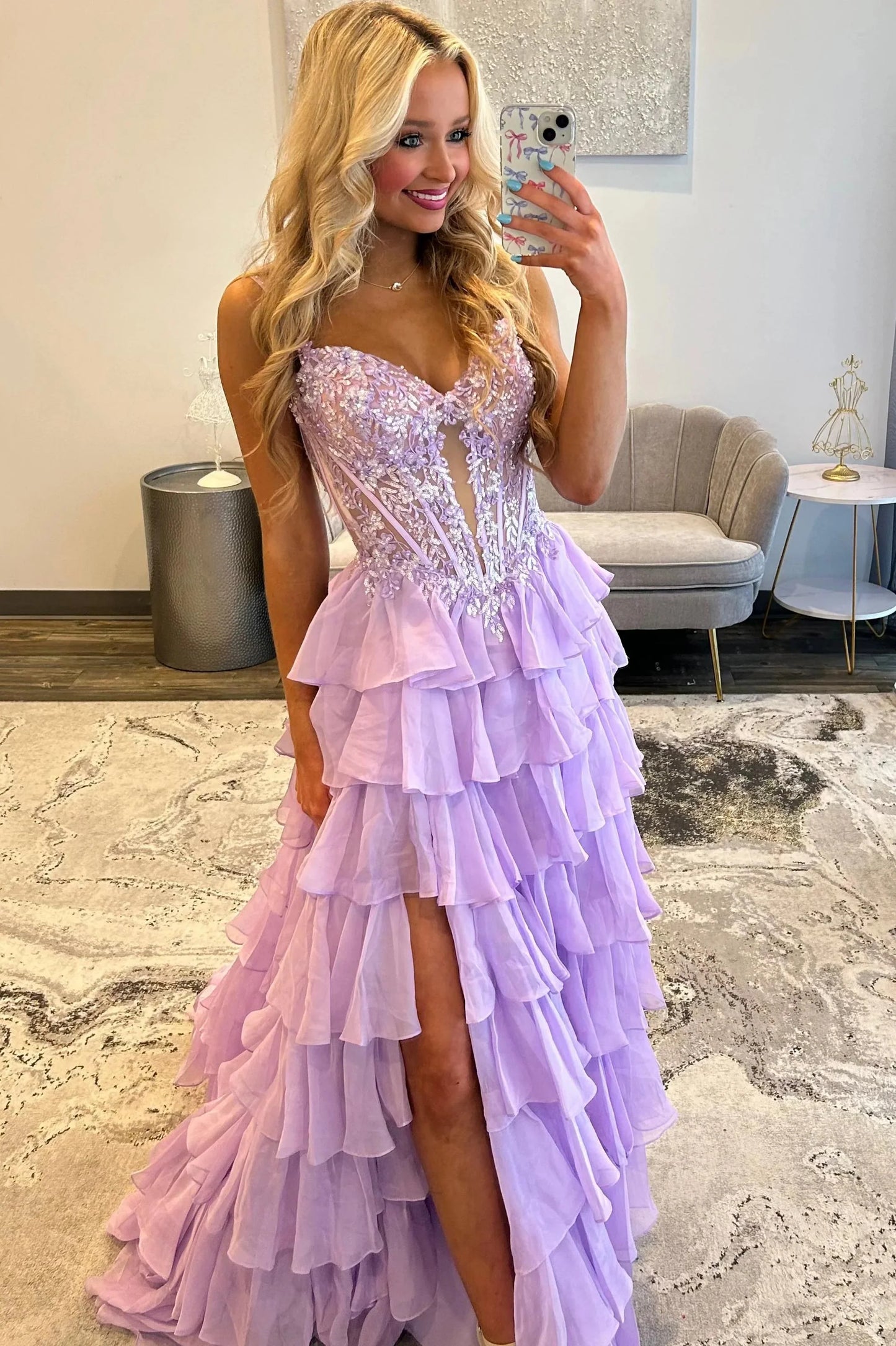 Lilac Appliqué Lace Corset Bodice Ruffle A-Line Prom Dress With High Slit AD361