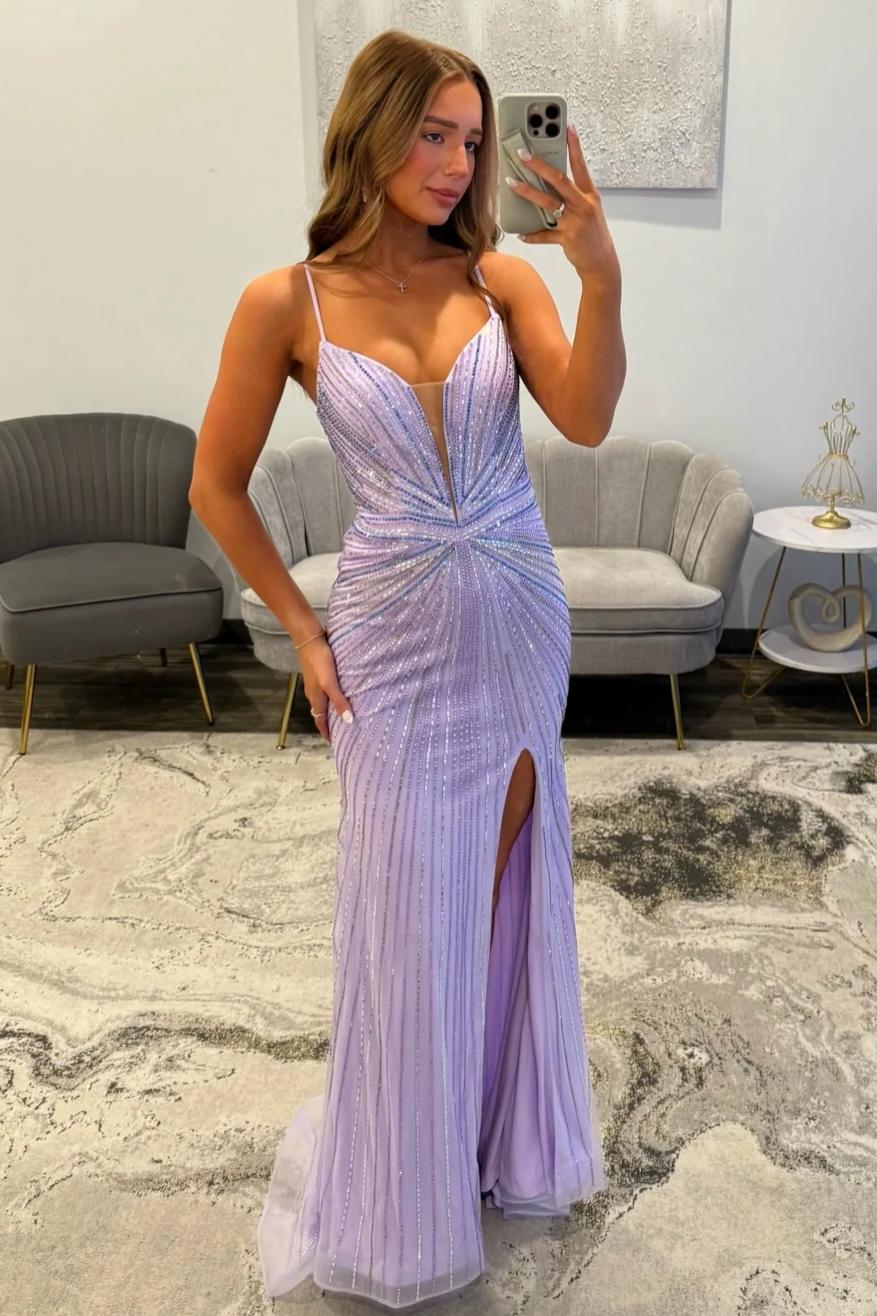 Sparkly Lilac Spaghetti Straps Long Beaded Prom Dress With Side Slit AD366