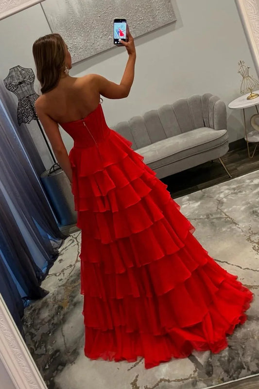 Stunning Red A-Line Sweetheart Long Tiered Chiffon Prom Dress With Slit AD369