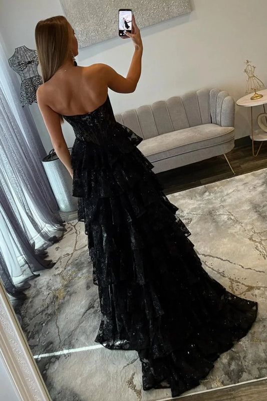 Romantic Lace Sweetheart Corset Ruffle Prom Gown With High Slit AD370