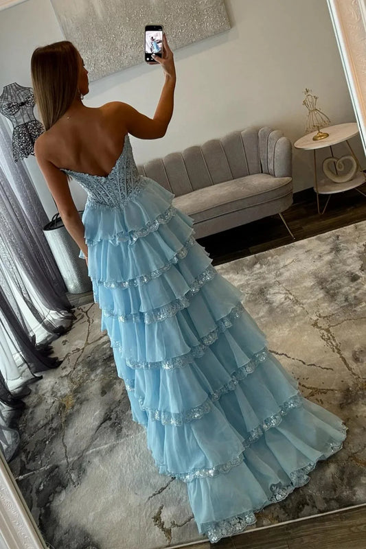 Glamorous Light Blue Strapless Lace Corset Tiered Tulle Prom Dress With Slit AD371