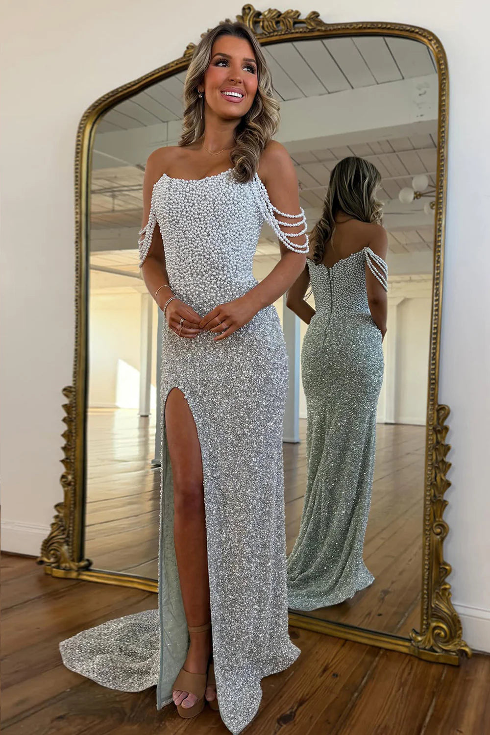 Luxury Silver Pearl Embellished Off Shoulder Mermaid Prom Gown With Train AD374