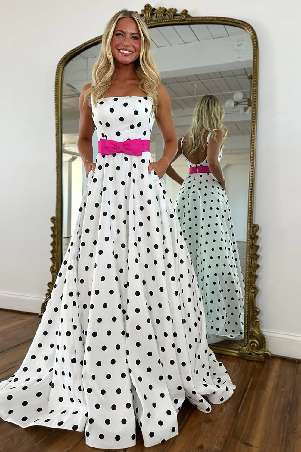 White Satin Square Neckline Polka Dot A-Line Prom Dress With Pink Bow AD379