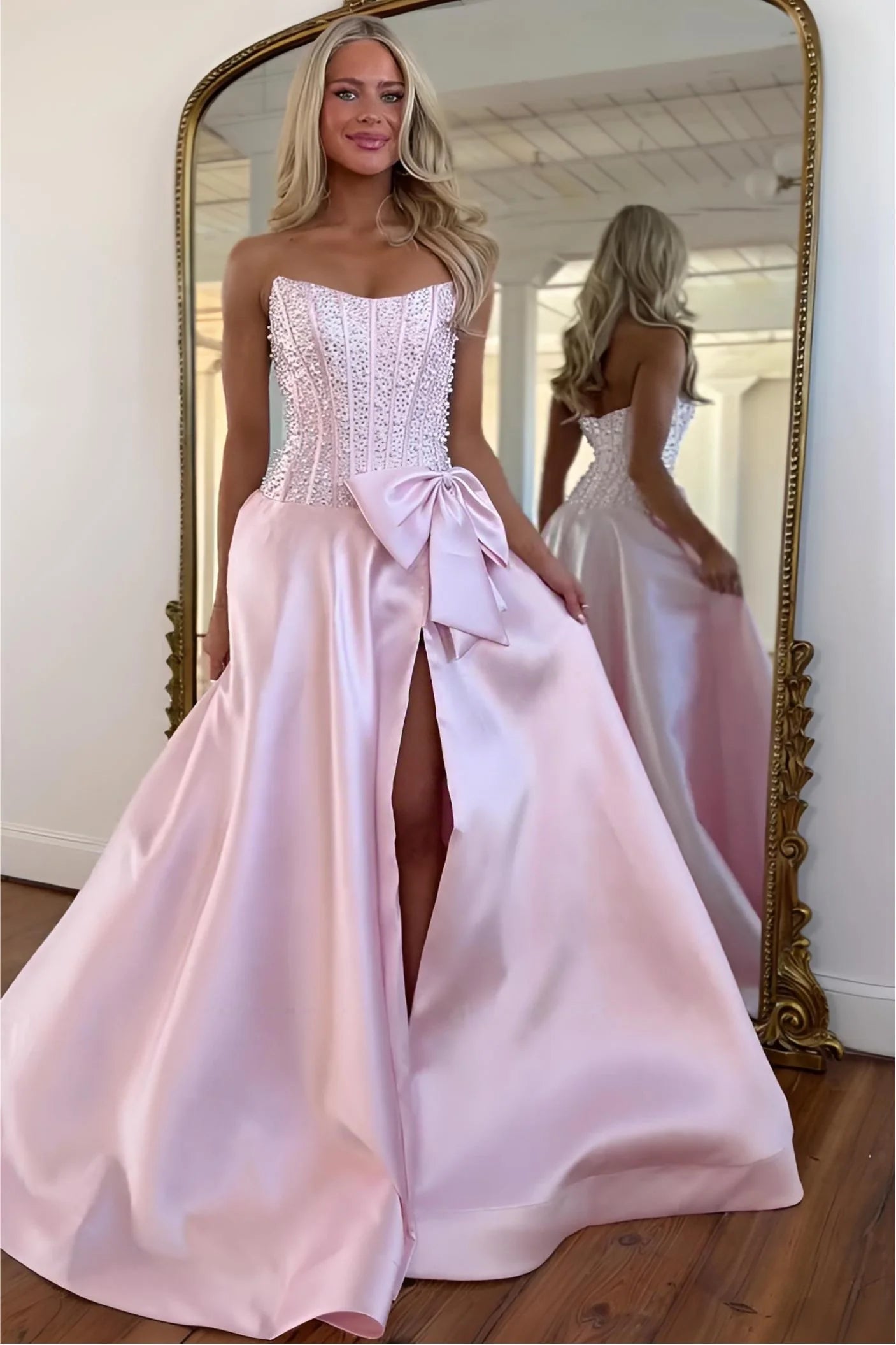 Elegant Black Satin Strapless Beaded Corset A-Line Prom Dress With Bow AD383