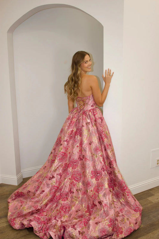 Luxury Pink Floral Jacquard Strapless Corset A-Line Prom Ball Gown AD384