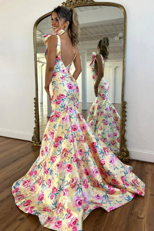 Romantic Bloom Mermaid Prom Dress With Bow Shoulders & Open Back AD385
