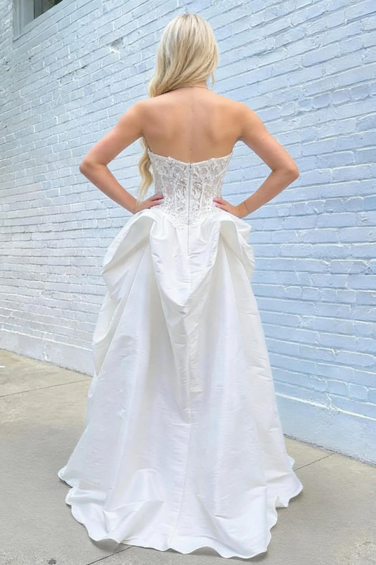 Ivory Elegance Strapless Ball Gown Prom Dress With Lace Corset Bodice AD390