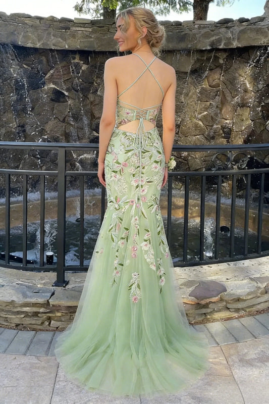 Floral Embroidered Sheath Prom Dress With Spaghetti Straps And High Slit AD391