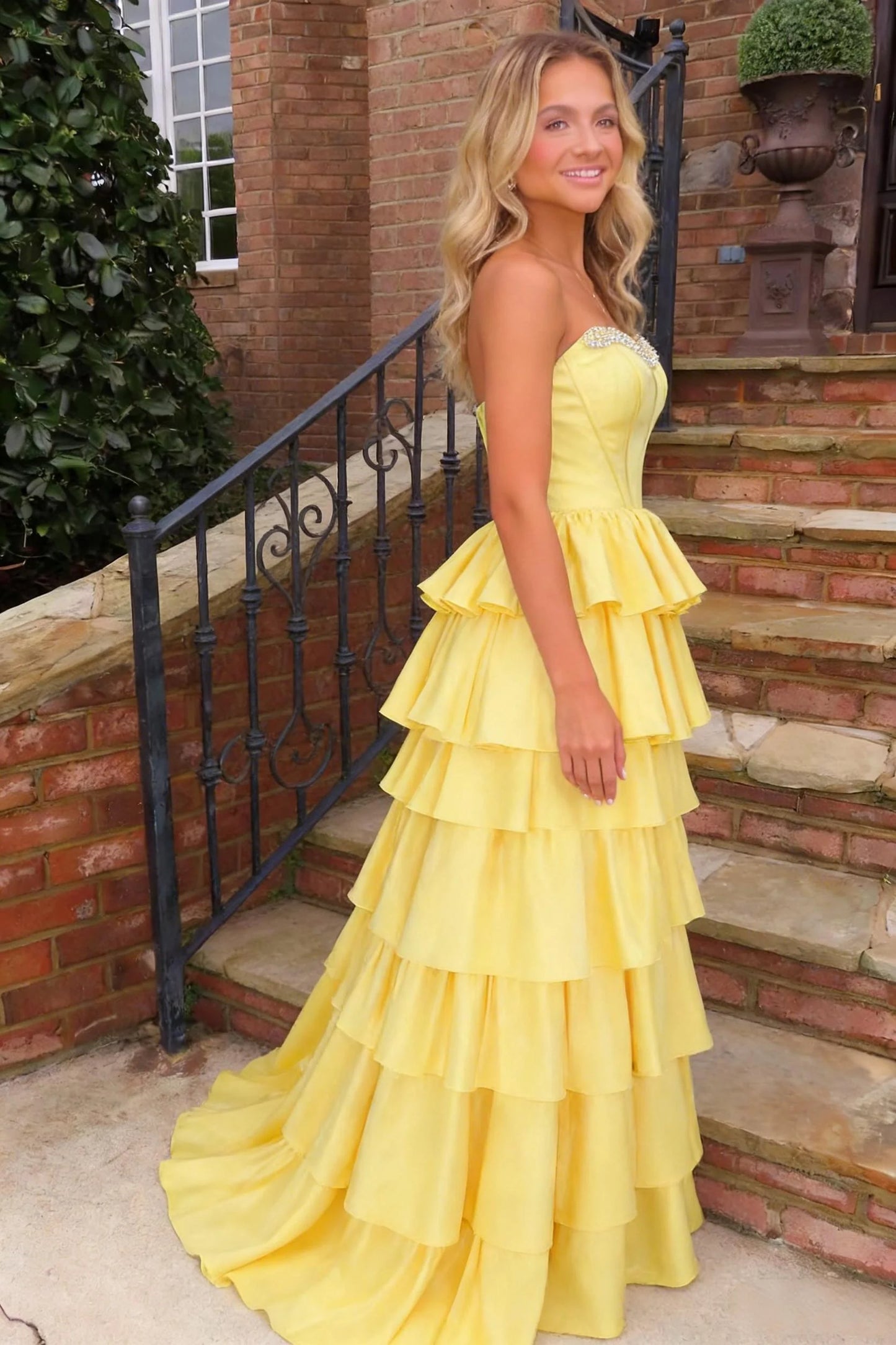 Elegant Yellow Strapless Tiered Ruffle Satin Prom Ball Gown With Beaded Neckline AD393