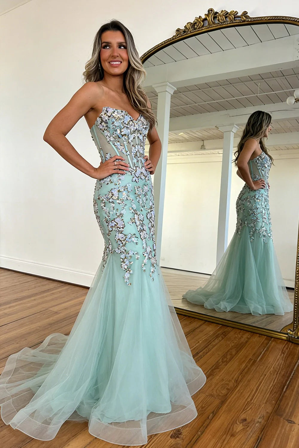 Glitter Sequin Mint Green Spaghetti Straps Corset Prom Dress With Tulle Skirt AD398