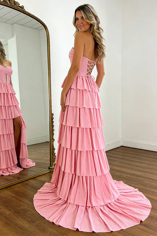 Romantic Pink Sweetheart Glitter Corset Prom Dress With High Slit And Ruffles AD404