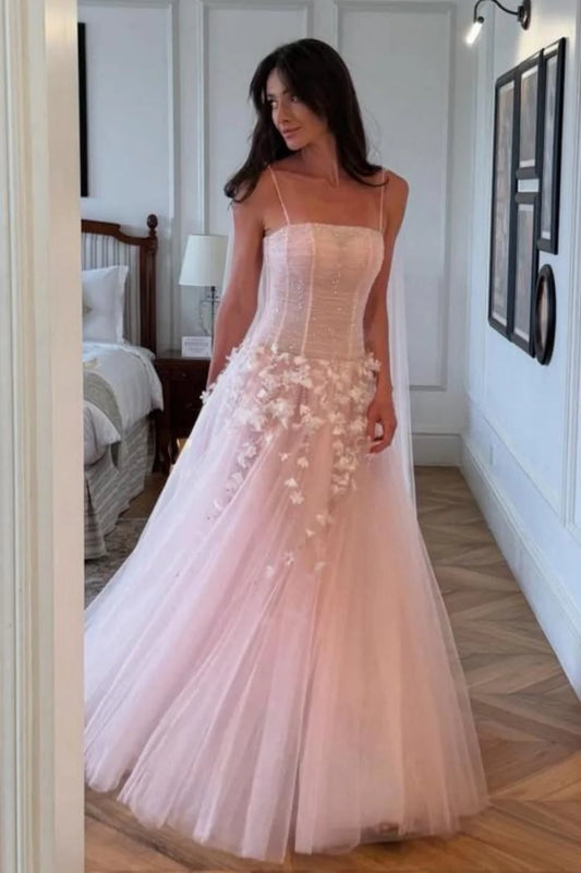 Pink Floral Spaghetti Straps Tulle Ball Gown Prom Dress With Corset Bodice AD409