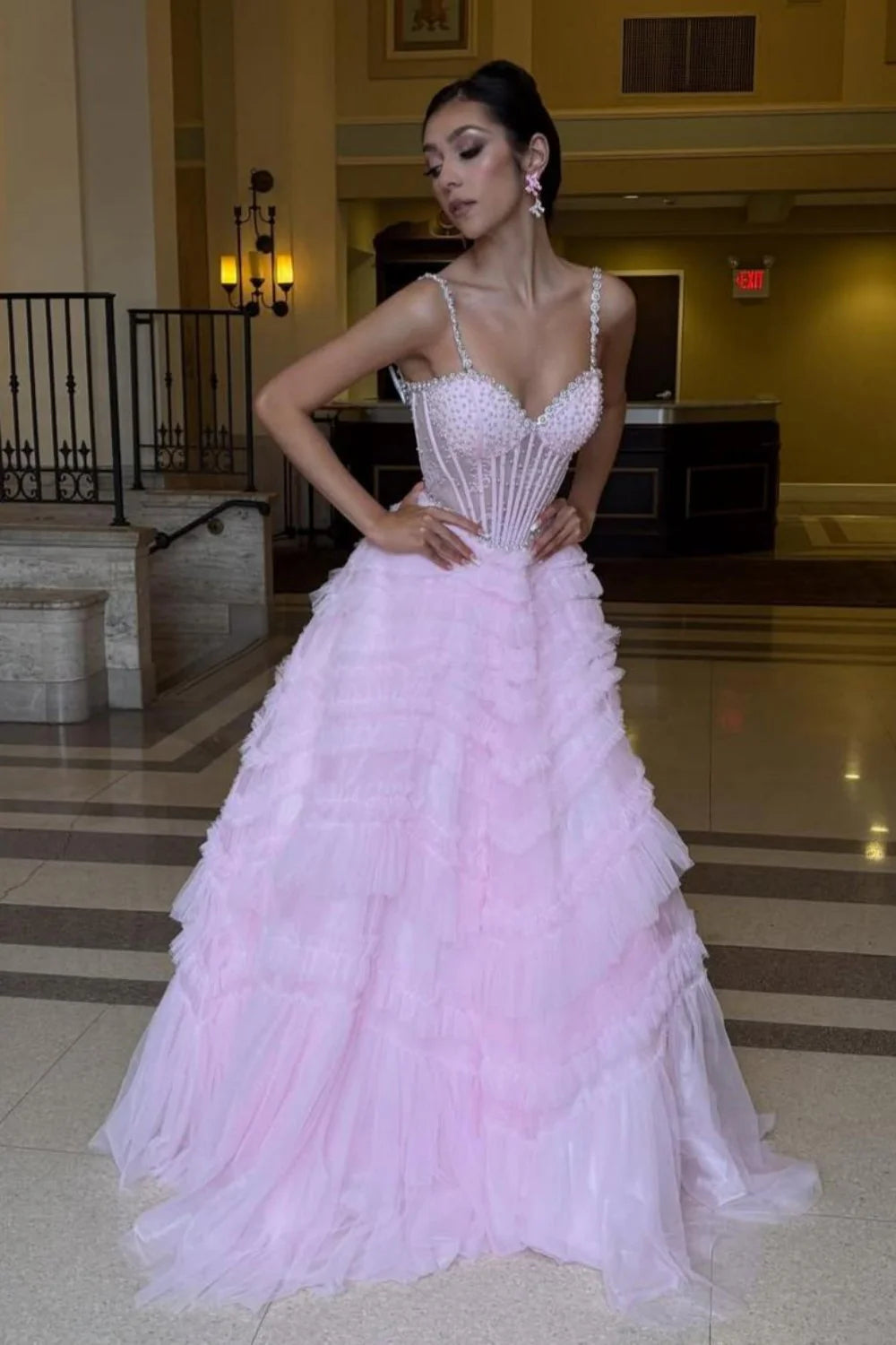 Pink Corset Spaghetti Straps Prom Ball Gown With Beaded Bodice & Tiered Skirt AD412