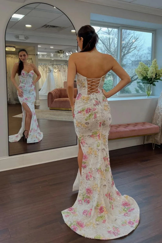 Sweetheart Mermaid Floral Beaded Corset Prom Dress With High Slit AD413