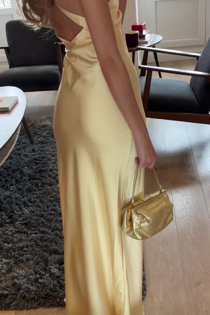 Simple Sheath Deep V Neck Yellow Long Prom Dress With Open Back AD424