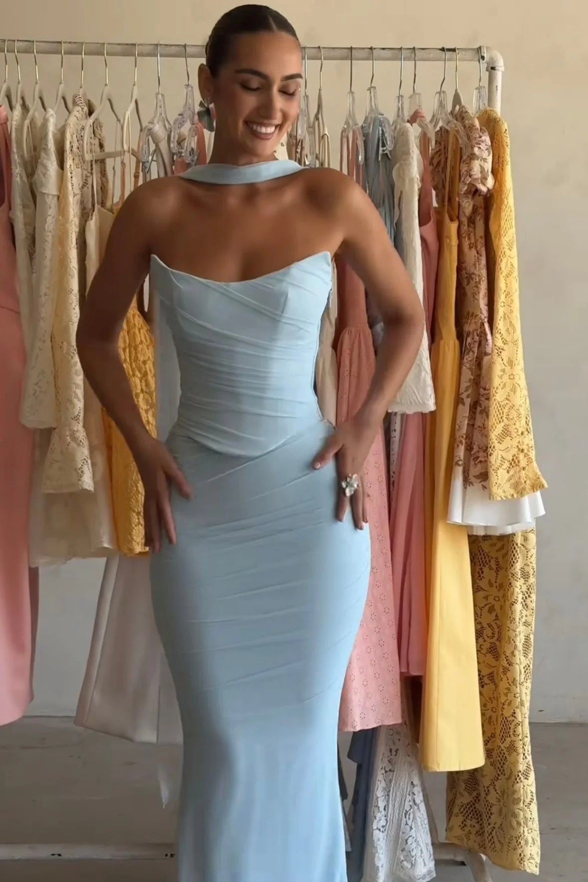 Chic Mermaid Strapless Light Blue Long Party Dress With Scarf AD425