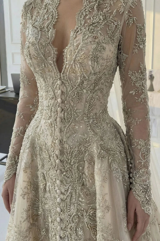 Luxurious A Line V Neck Champagne Long Party Dress With Appliques Lace AD426