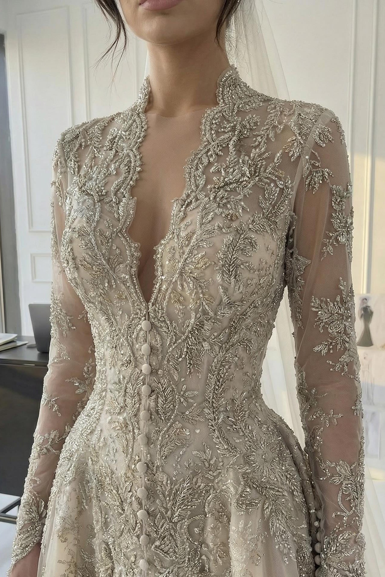 Luxurious A Line V Neck Champagne Long Party Dress With Appliques Lace AD426