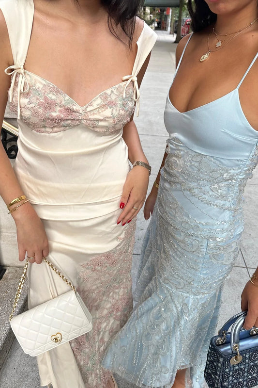 Gorgeous A Line Sweetheart/Spaghetti Straps White/Light Blue Tea Length Party Dress AD428