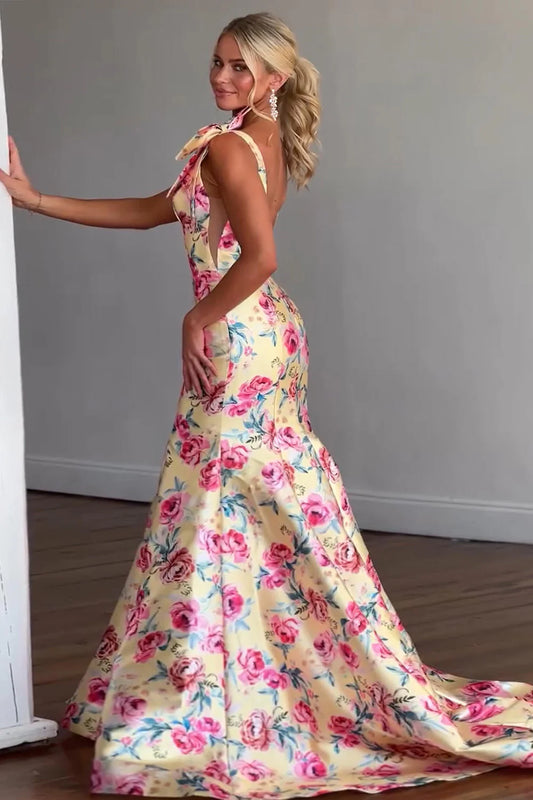 Floral Print Mermaid Prom Dress With Deep V Neck And Bow Shoulder Straps AD447