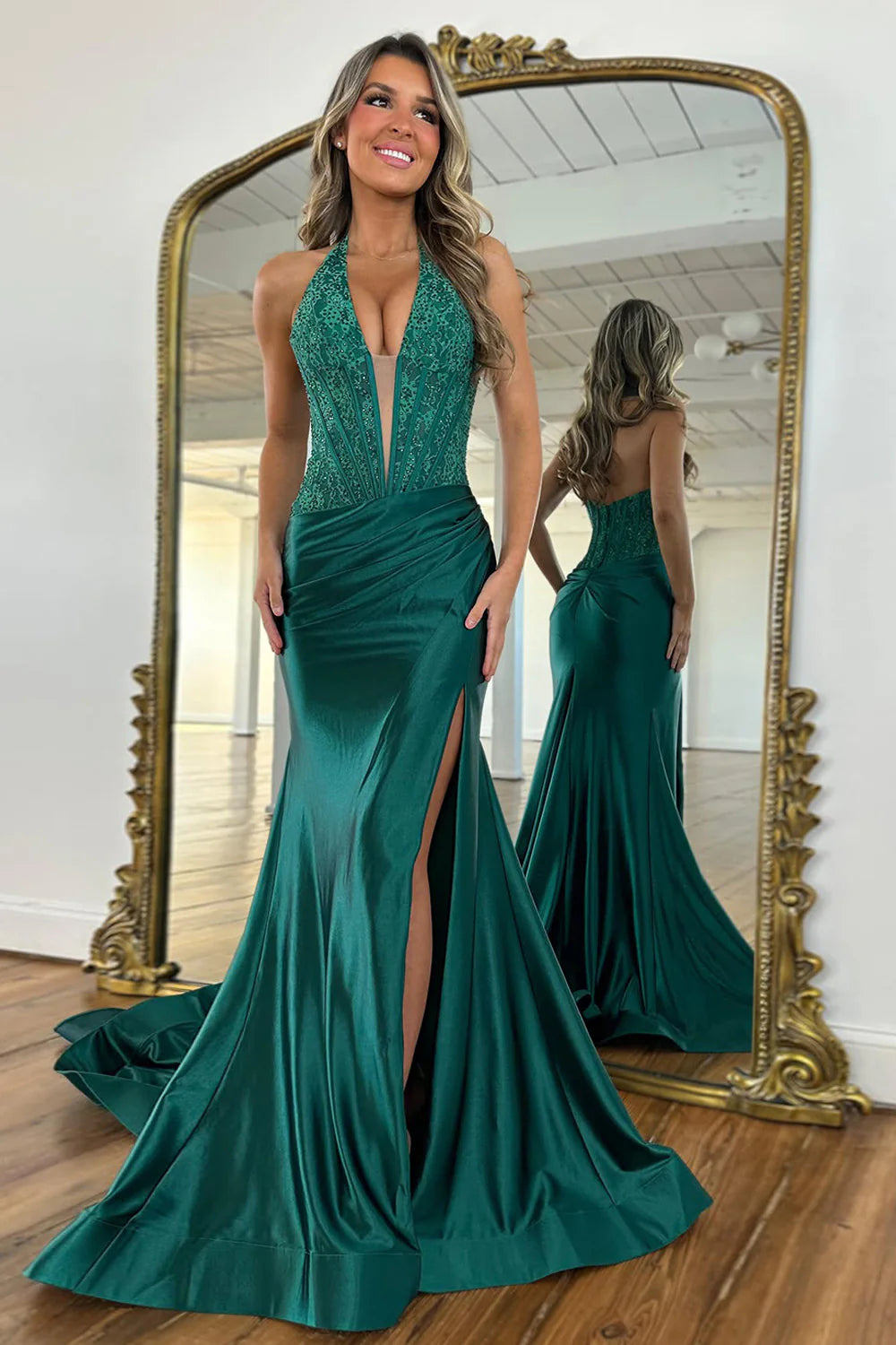 Glamorous Satin Dark Green Lace Halter Mermaid Prom Dress With Slit AD449