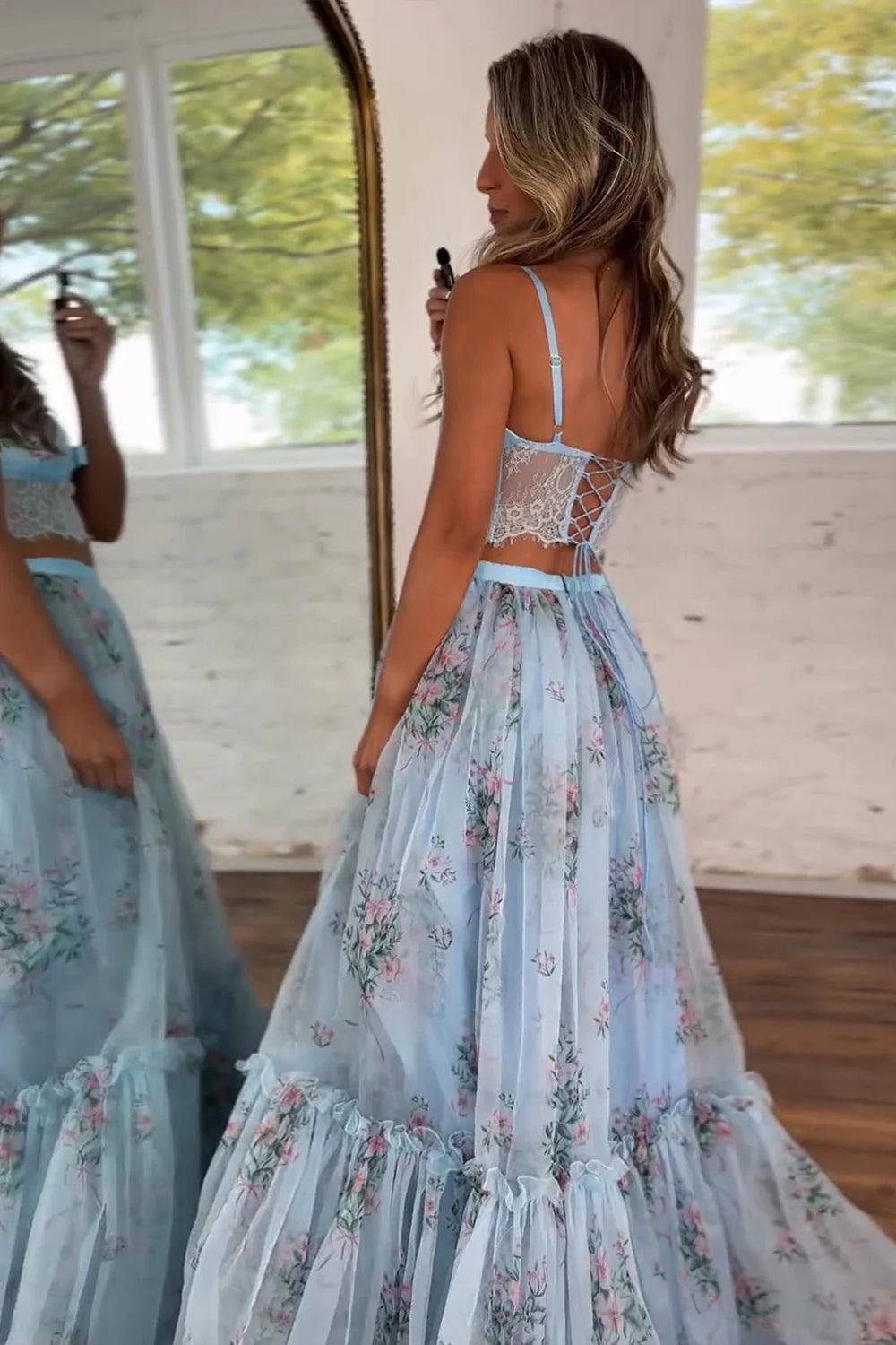 Light Blue Floral Two-Piece Prom Dress With Lace Crop Top & Tiered Tulle Skirt AD450