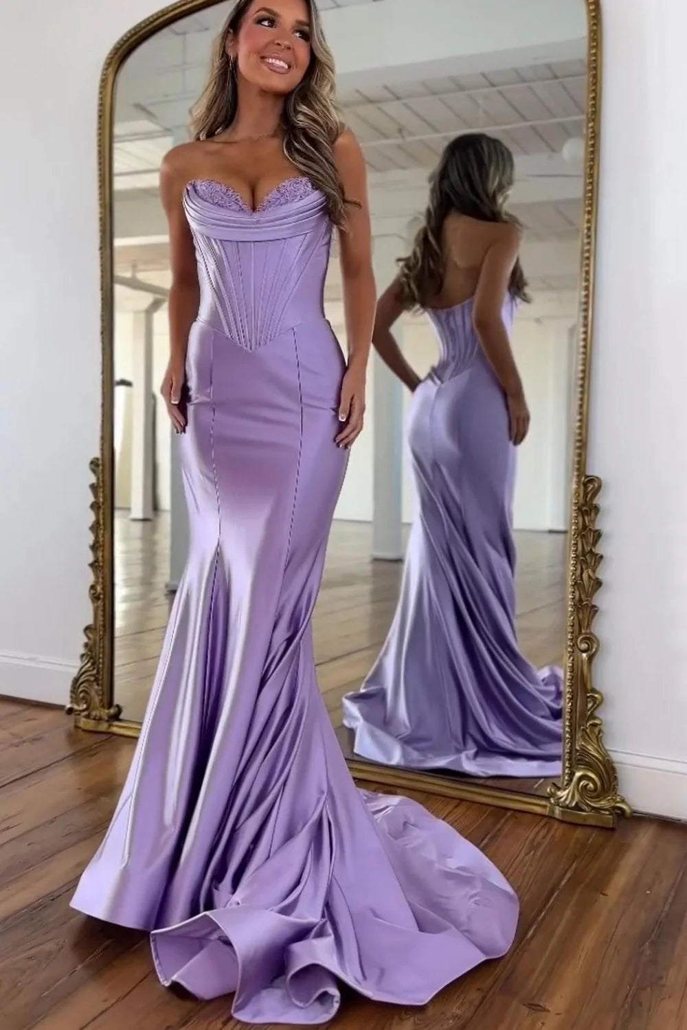Lilac Satin Strapless Mermaid Prom Dress With Structured Corset Bodice AD451