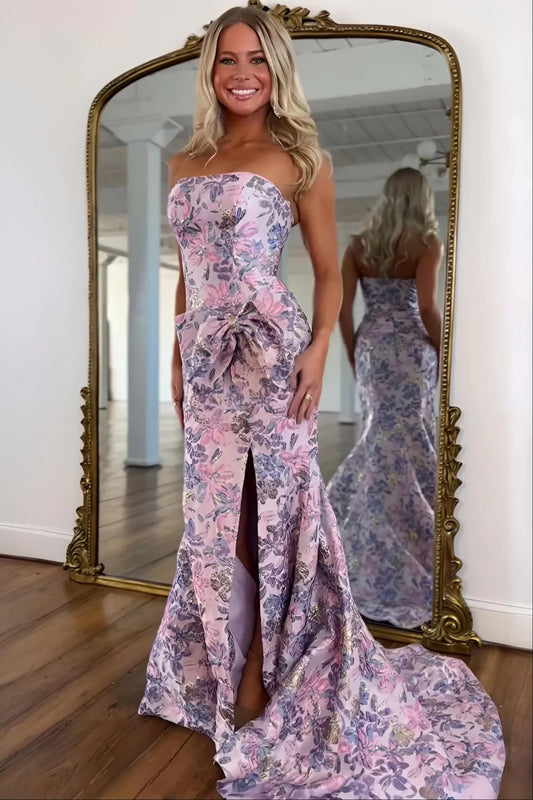 Romantic Floral Strapless Mermaid Prom Dress With Bow Detail And High Slit AD452