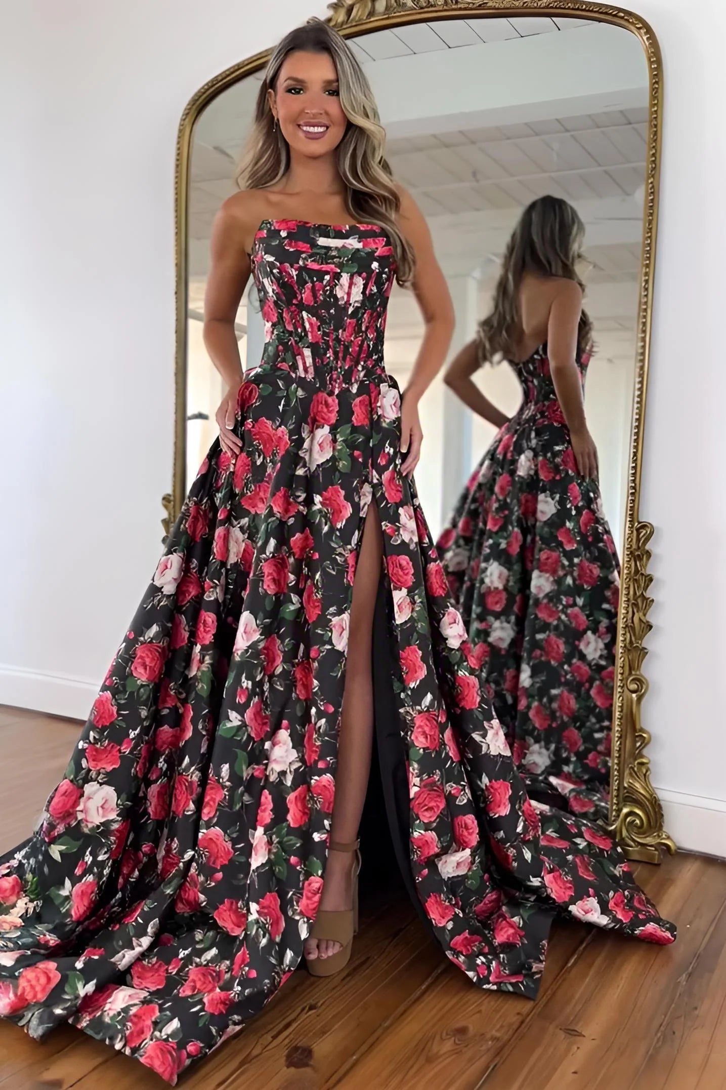 Strapless Black Floral A-Line Prom Dress With Corset Bodice & High Slit AD453