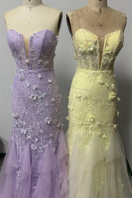 Romantic Lace Strapless Prom Gown With 3D Floral Applique And Tulle Skirt AD460