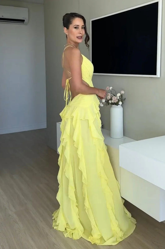 Bright Yellow Spaghetti Straps Prom Gown With Ruffled Skirt And High Slit AD461