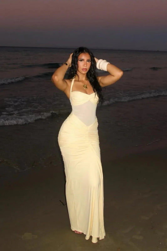 Sexy Yellow Halter Long Mermaid Prom Dress With Ruched Waist Detail AD470
