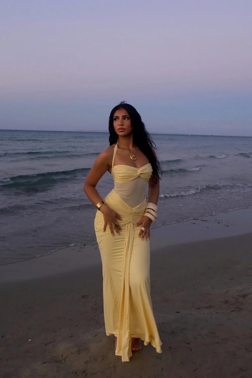 Sexy Yellow Halter Long Mermaid Prom Dress With Ruched Waist Detail AD470
