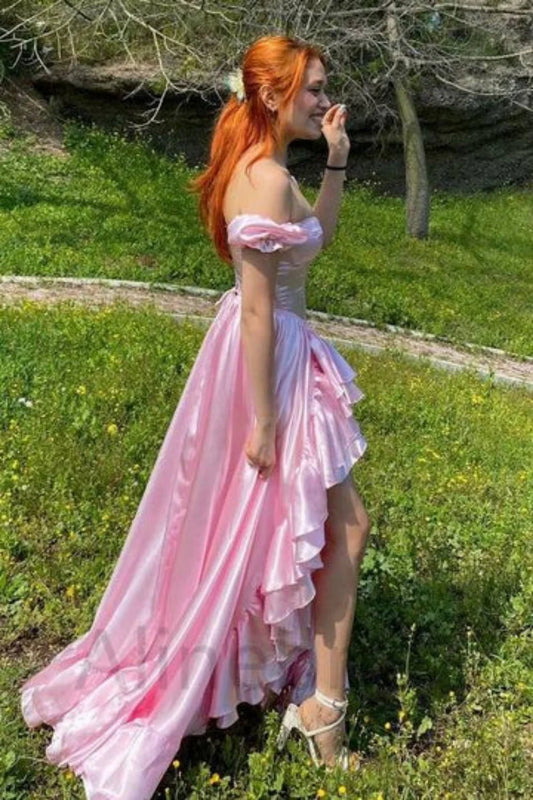 Vintage Style Pink Off The Shoulder Prom Dress With Corset Bodice And Flowing Ruffle Skirt AD482
