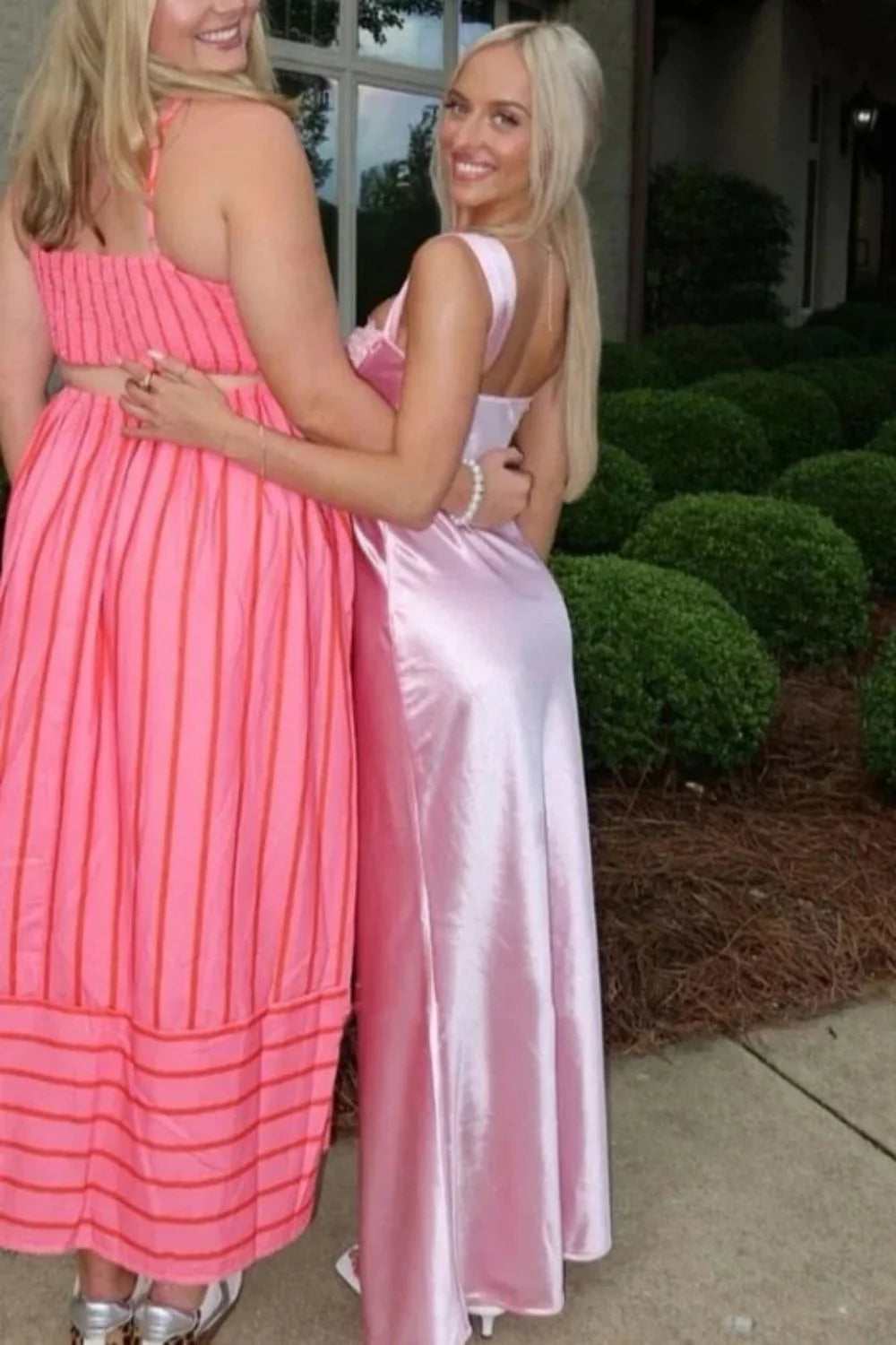 Romantic Pink Satin Long Prom Dress With Vintage Lace Top AD488