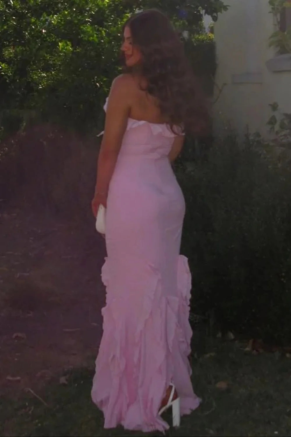 Soft Pink Ruffle Detail Halter Neck Backless Long Mermaid Prom Dress AD490