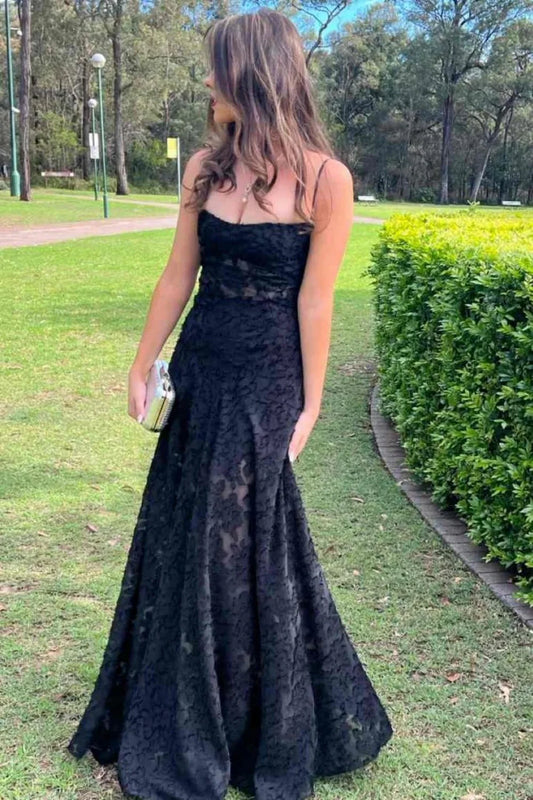 Sleek Black Lace Formal Dress With Spaghetti Straps And Flared Skirt AD491