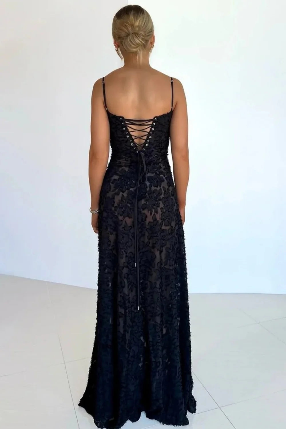 Sleek Black Lace Formal Dress With Spaghetti Straps And Flared Skirt AD491