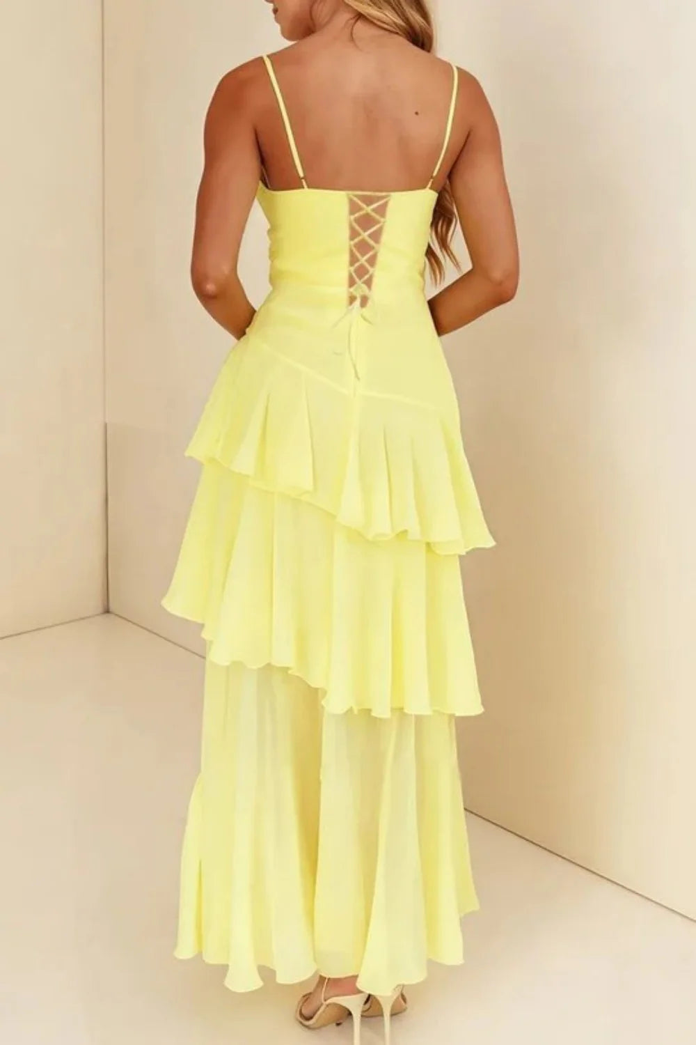 Stylish Yellow Spaghetti Straps Lace Up Tiered Chiffon Prom Gown AD495