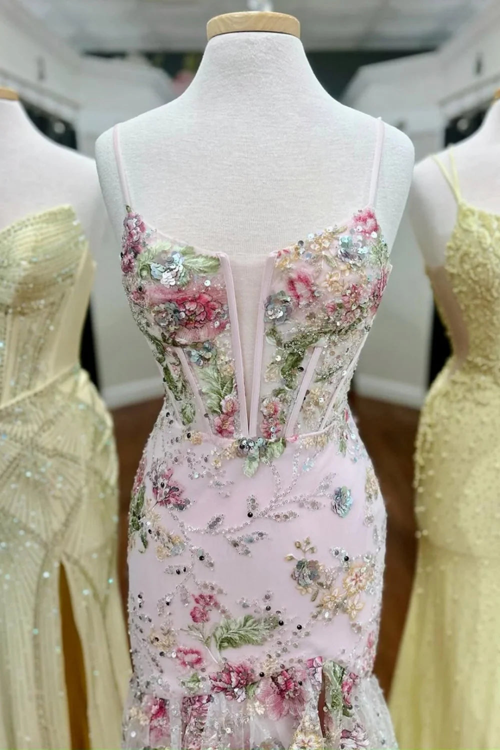 Blush Floral Applique Mermaid Prom Dress With Sheer Corset Bodice And High Slit AD497