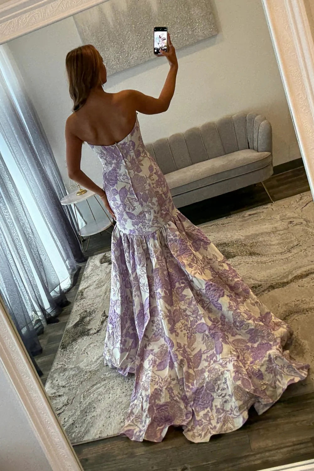 Purple Floral Strapless Mermaid Style Prom Dress With Court Train AD504