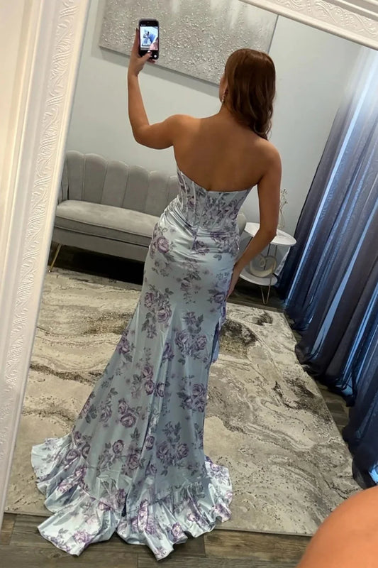 Romantic Blue Floral Sweetheart Corset Prom Gown With Ruffle Slit AD505