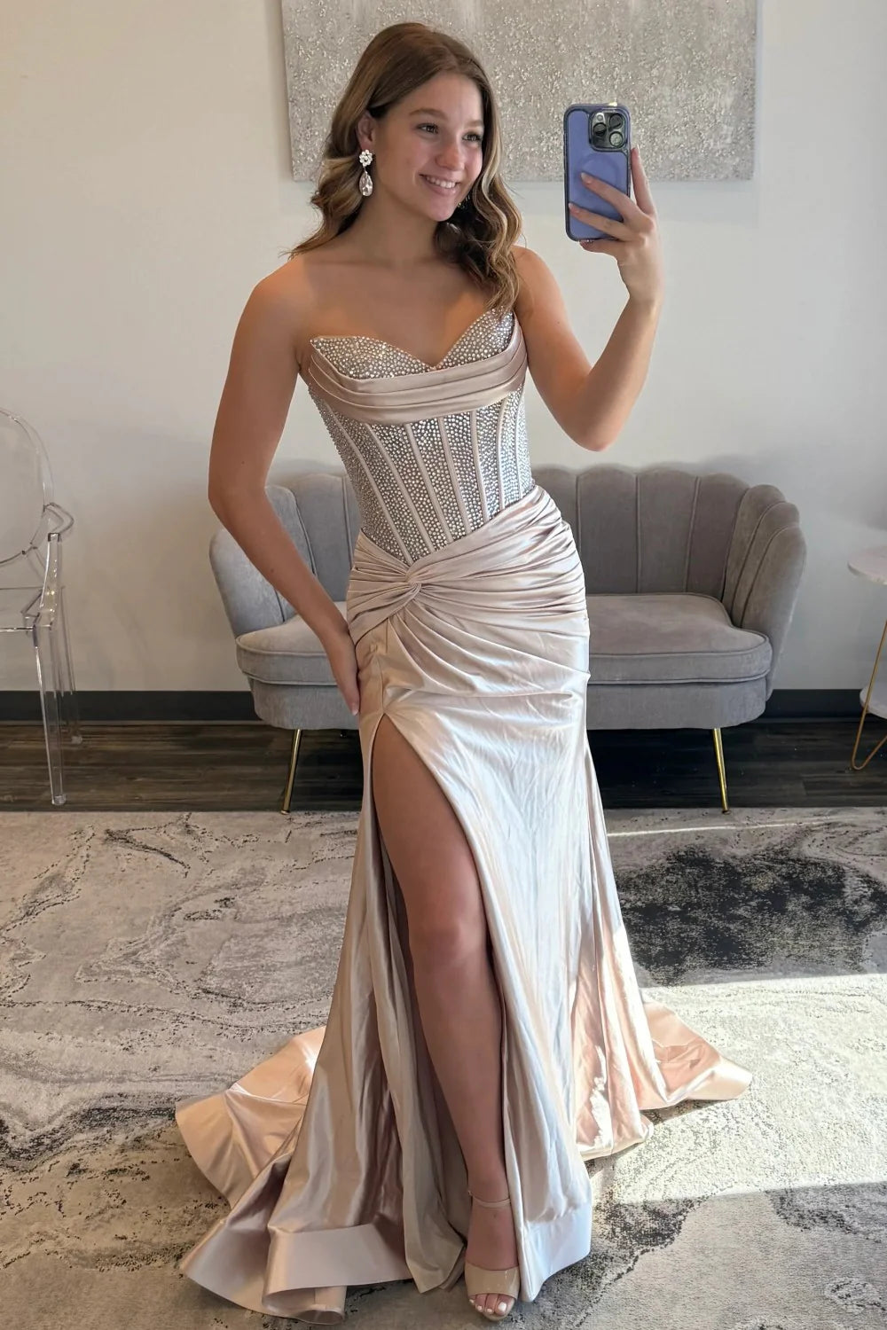Glamorous Champagne Sweetheart Beaded Top Satin Prom Dress With High Slit AD511