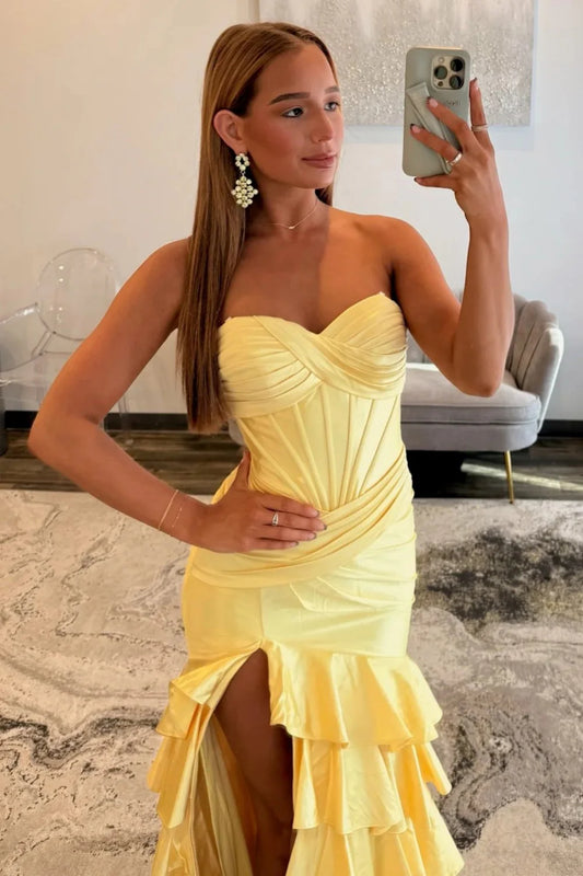 Sweetheart Yellow Lace Up Ruffled High-Slit Satin Mermaid Prom Dress AD514