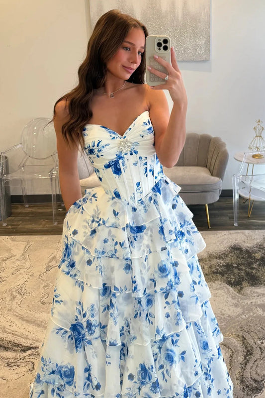 Elegant Blue Floral Sweetheart Tiered Prom Dress With Corset Bodice AD515