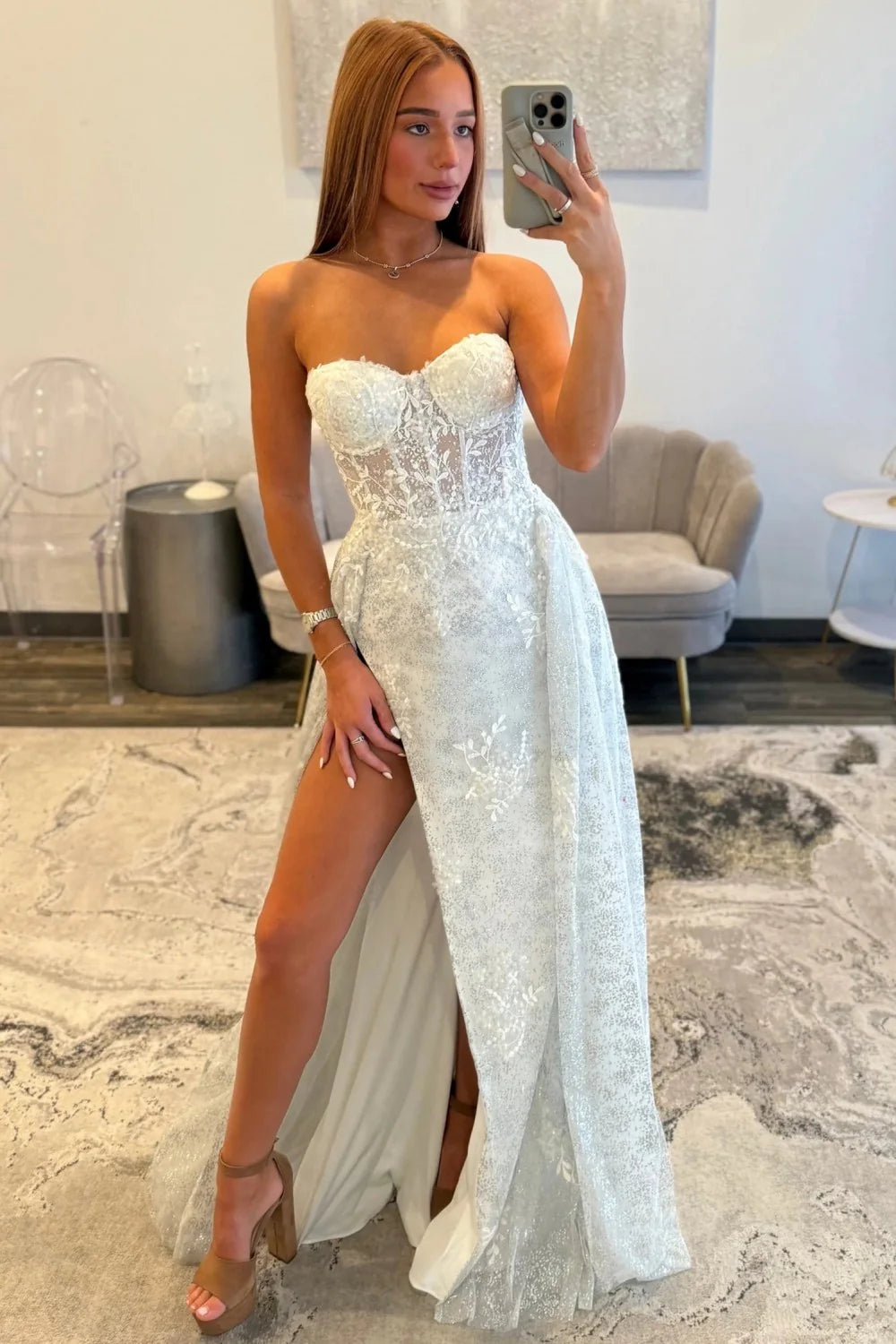 Hot Sale Elegant Mermaid Strapless White Floral Lace Glitter Tulle Prom Dress AD517
