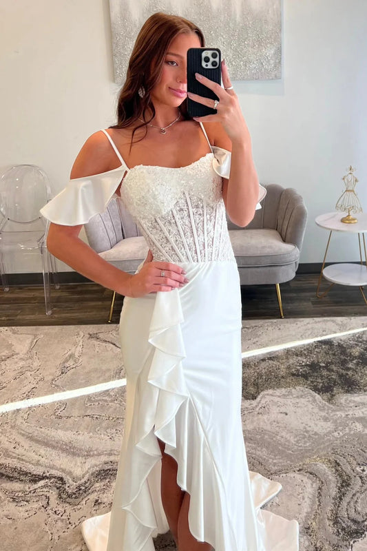 Elegant White Lace Off The Shoulder Prom Dress With Corset Bodice And High Slit AD520