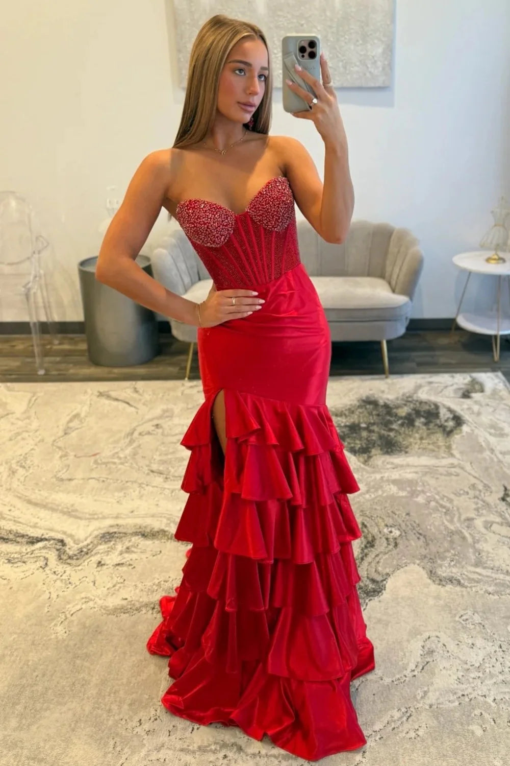 Strapless Red Prom Dress With Beaded Corset Bodice And Tiered Ruffle Skirt AD522